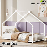 Bellemave® Twin Size Metal House Bed with Roof and Colorful Lights, Slats and Legs - Bellemave
